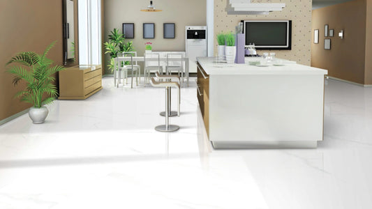Modern kitchen with white island, appliances, and decor