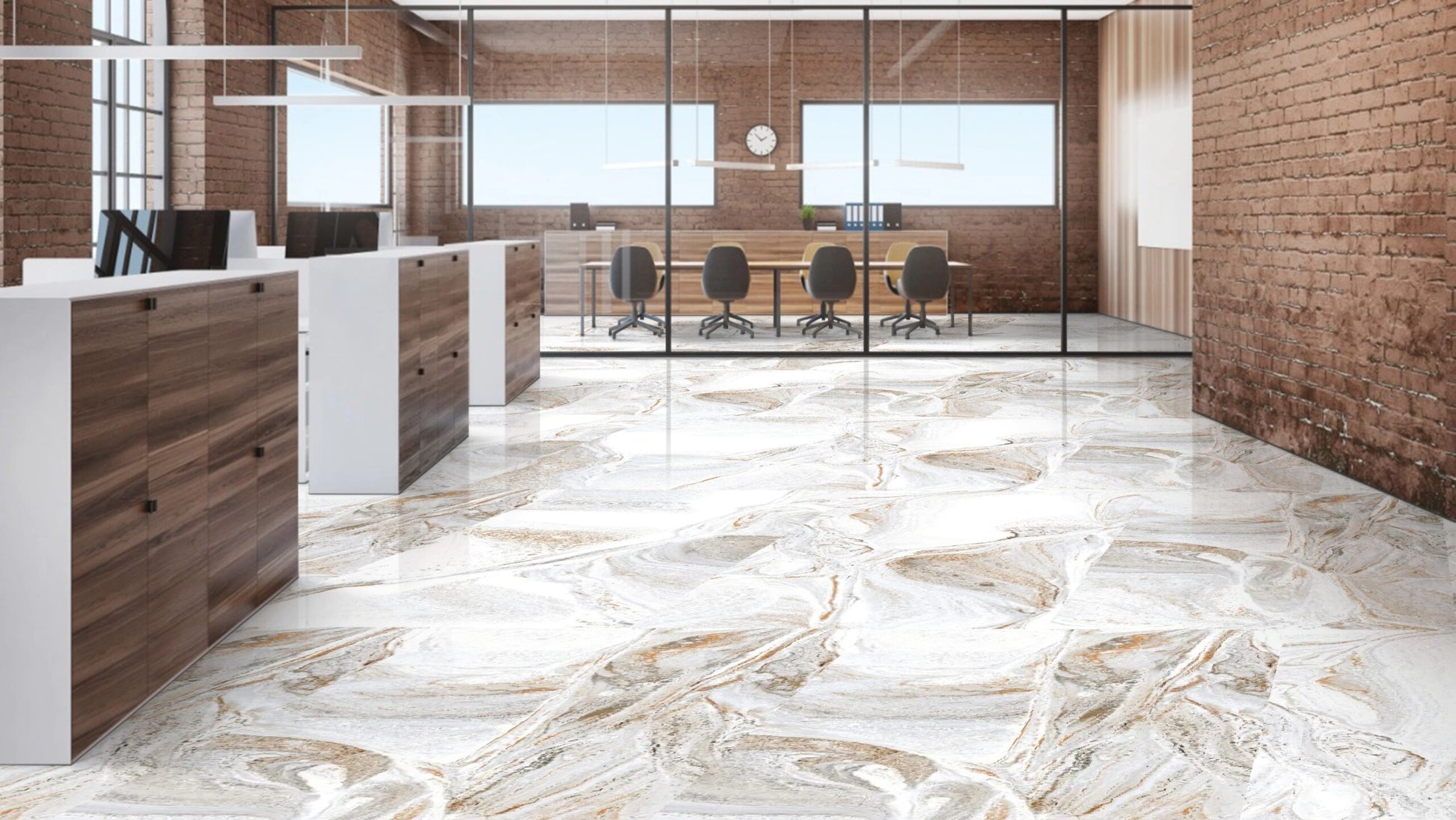 Modern office interior with marble flooring and wooden walls.